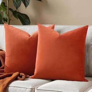 FEVERQIYI Velvet Pillow Covers Set of 2 Throw Sham Pillowcase Soft Solid Decorative Cushion Covers for Bedroom Living Room Outdoor Indoor Decoration, Orange, 24″x24″