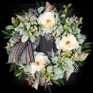 Lambs Ear Wreaths for Front Door Year Round Outside, 20” Artificial Spring Summer Wreath with Peony Buffalo Bow Green Handmade Farmhouse Home Decor