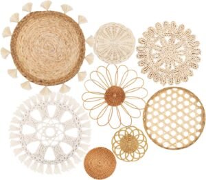 Boho Wall Basket Decor Set of 8 – Flat Woven Basket Wall Hanging Decor,Round Tassels White Macrame Tapestry Wall Decor Art,Handmade Rattan Wicker Seagrass Home Wall Baskets Decor（Boho Classic)