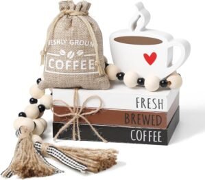 Coffee Bar Decor, 6 PCS Coffee Bar Sign Decorations Wooden Book Stacks with Bead Garland, Coffees Bar Accessories for Tiered Tray Table Shelf Kitchen Rustic Farmhouse Home Decor Coffee Station Decor