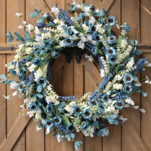 22 Inch Spring Wreath Blue with Green Leaves Wreaths Blue Daisy Artificial Grains White Flower Wreath for Front Door Wreaths, Summer Farmhouse Decor Indoor&Outdoor Wedding Wall Home