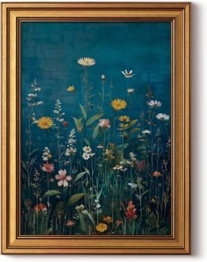 HUARCEY Framed Canvas Wall Art Vintage Decor, Wildflowers Picture Decor, Rustic Vintage Neutral Canvas Paintings Retro Table Desk Pictures for Bedroom Living Room, 12x16Inch