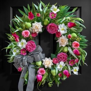 Spring Summer Wreaths for Front Door 24 Inch with Roses, Tulips & Greenery Spring Wreaths for Front Door Outside Summer Door Wreath with Ribbon Bow & Decorative Fruits Outdoor Wreath for Front Door