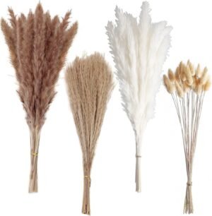 100 PCS Small Boho Pampas Grass, 17″ Naturally Dried Pompas, Pampas Grass Decor for Wedding , Boho Party Decorations, Table Decor（Brown and White）