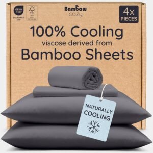Bambaw 100% Viscose Derived from Bamboo Sheets Queen Size Set – 4pcs Cooling Sheet Set, Super Soft Sheets Queen Size, Luxury Bed Sheets, Deep Pocket Fits Up to 16” Mattresses (Charcoal)