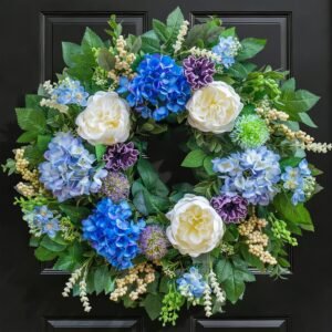 Pinkpuii 26 Inch Spring Wreaths for Front Door Outside– Large Artificial Summer Wreath with Blue Hydrangea, White Peony Flowers and Eucalyptus Leaves– Indoor Outdoor Porch Farmhouse Home Wall Décor