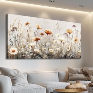 QIYILEXWART Large Wall Decor For Living Room Canvas Wall Art For Office Modern Wall Decorations For Bedroom Neutral Wildflower Landscape Painting Farmhouse Pictures Artwork Home Decor 24×48