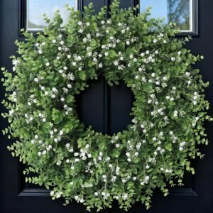 26″ Artificial Eucalyptus Wreath with Baby’s Breath for Front Door – Faux Eucalyptus Leaves, Fake Spring/Summer Greenery Flowers Wreath for Porch, Farmhouse, Wall, Window Outdoor Decor(White-Green)