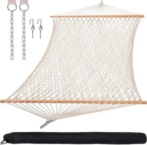 SUNCREAT Hammocks Traditional Rope Double Hammock with Hardwood Spreader Bar and Carrying Bag, 450 lbs Capacity, Natural