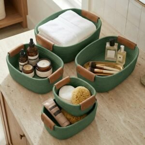 Beautiful Storage Basket Set of 5 – Sturdy Cotton Rope Baskets for Shelves Are Perfect for Organizing Your Home – Quality Storage Bins Easily Fit With Any Nursery or Bedroom Decor