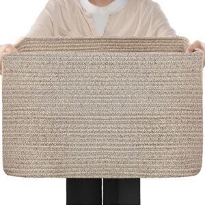 Optish 75L Large Blanket Basket for Living Room, Woven Rope Laundry Basket with Reinforced Handles, Decorative Versatile Storage Baskets for Bedroom, Nursery, Pillows, Toys, 22” x 17” x 11.5”, Brown