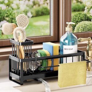 SWTYMIKI Sponge Holder for Kitchen Sink – Sink Caddy with Brush Holder Self-draining Sponge Caddy Organizer with Divider Stainless Steel Kitchen Accessories Storage for Countertop, Black