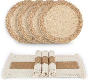 Handmade Boho Placemats Set of 4 – Natural Cotton Burlap and Water Straw Woven Combination Table Mats, Macrame Décor and Farmhouse Style Placemats, for Dining Table Kitchen