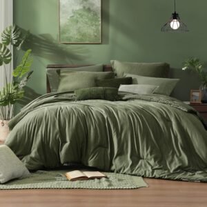Monbix Queen Comforter Set – 7 Pieces Cationic Dyeing Olive Green Bed in a Bag Queen Bedding Sets with Comforter, Sheets, Pillowcases & Shams, Reversible Bedding Comforters Sets