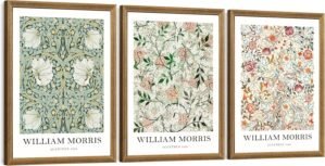 FWAHREN William Morris Framed Canvas Wall Art Set, 3 Piece Vintage Botanical Floral Pattern Pictures Prints Artwork, Large Paintings Wall Decor for Living Room Bedroom Bathroom Office, 12x16in