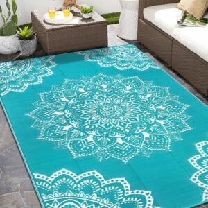 Yamaziot Waterproof Outdoor Rug 6×9 ft, Reversible Plastic Straw Rug for Patio Clearance, Camping, RV Mat, Large Outside Rug Carpet for Porch, Deck, Backyard, Balcony, Picnic (Blue)