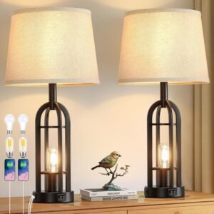 SRJJA Black Table Lamps for Living Room Set of 2 – Farmhouse Lamps for Night Stands with USB A+C, Bedside Lamps for Bedroom, 24” Industrial Lamp for Living Room End Tables