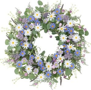 Sggvecsy Spring Wreaths for Front Door 22 Inch Artificial Blue Purple Daisy Wreath Floral Summer Wreaths with Lavender Wild Flower Greenery Leaves for Farmhouse Home Wall Indoor Outdoor Window Decor