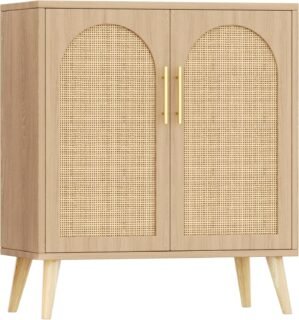 15.7″D Rattan Buffet Sideboard Cabinet with Storage, Modern Accent Cabinet with Adjustable Shelf & Solid Wood Legs, Coffee Bar Cabinet with Doors for Kitchen, Living Room, Entryway, Natural Oak