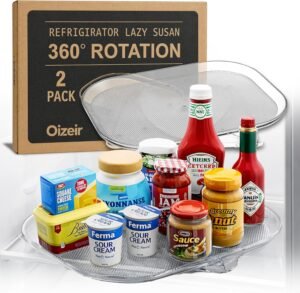 Oizeir Refrigerator Lazy Susan (2PK) – Clear Rectangular Fridge Organizer – Turntable Tray Lazy Susan for Refrigerator – Cabinet & Pantry Organizer – Smooth 360° Rotating Swivel Spinning Fridge Shelf