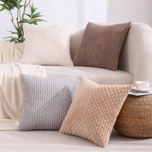 VAKADO Couch Throw Pillow Covers 18×18 Set of 4 Decorative Neutral Corduroy Boho Rustic Farmhouse Cushion Case Square for Home Decor Sofa Living Room Bed