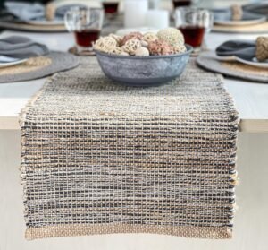 Chardin home Natural Jute Table Runner 13×72 Inch – Vintage Boho Rustic Table Decor – Handwoven Table Runner in Natural Jute and Grey – Farmhouse Dining or Console Table Accent