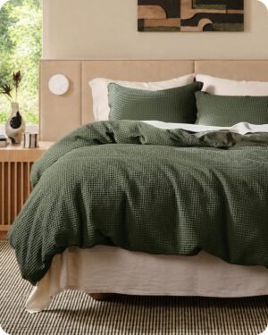 Bedsure Cotton Duvet Cover Queen – 100% Cotton Waffle Weave Olive Green Duvet Cover Queen Size, PureWoven Breathable Bedding Set for All Season, 3 Pieces, 90″x90″
