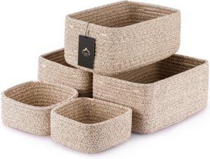 5-Pack Small Woven Rope Storage Baskets – 2 Sizes Organizer Bins for Closet, Shelf, Bookshelf, Nursery, Changing Table, Fabric Cube Boxes, Rectangular Shallow Bins for Bathroom, Toy & Home