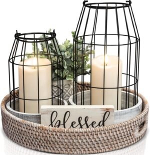 Rustic Farmhouse Lantern Decor Set of 2 – Stylish Decorative Lanterns for Your Living Room, Patio & Porch or Kitchen Dining Table – Modern Indoor/Outdoor Coffee Table Decor for Your Entire Home