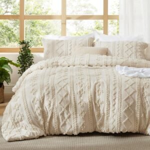 Bedsure Tufted Boho Comforter Set Queen Size – Beige Boho Bed Set, GentleSoft™ 3 Pieces Farmhouse-Style Embroidery Bedding, Gifts for Woman, Soft Jacquard Queen Comforter for All Seasons