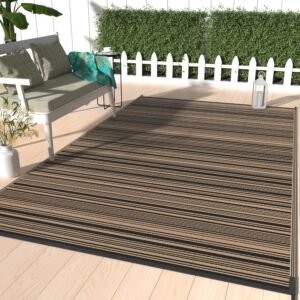 GENIMO Outdoor Rug 5×8 ft Waterproof, Reversible Plastic Straw Patio Rug for RV Camping Mat, Deck, Backyard Balcony Mat – Lightweight & Easy to Clean, BlackBrown