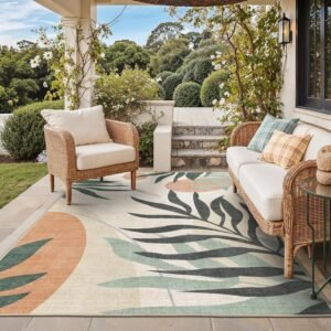 GENIMO Outdoor & Indoor Area Rug 5’x8′, Waterproof, Non-Shedding, Easy Cleaning, Leaf Mat for Patio, Living Room, Balcony, Dining Room, RV, Deck, Bedroom, Camping, Outside Carpet, Beige Grey