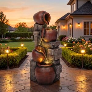 31.5″ H Outdoor Water Fountain with LED Lights and Pump, Cascading Pitchers Farmhouse Garden Fountain Waterfall for Patio, Porch, or Yard