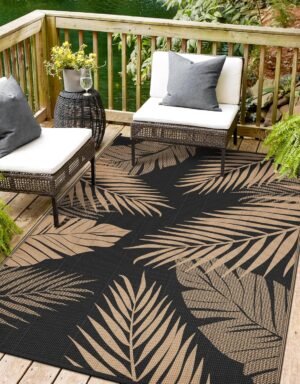 sarben Outdoor Rug 4’x6’ Waterproof for Patio Clearance, Reversible Indoor Outdoor Plastic Straw Camping Rug Carpet, RV Mat, Large Area Rug for Deck, Backyard, Balcony, Porch, Beach, Black & Brown