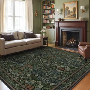 GENIMO 8×10 Washable Area Rug, Non-Slip Vintage Boho Floral Carpet, Large Area Rug for Living Room, Soft Low-Pile Thin Living Room Rug for Bedroom, Dining Room, Nursery, Dark Green