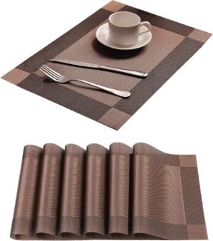 Table Placemats Dining Table Place Mats Set of 6 Heat Resistant Insulation Non-Slip Vinyl for Kitchen Dining Room 18″ * 12″ Brown