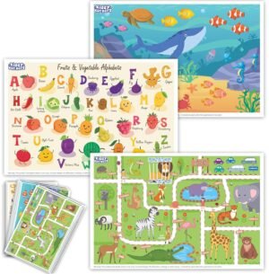 40 Pack Waterproof Disposable Placemats for Baby, Place mats for Kids, Toddler – Kids Placemats for Dining Table Tyke, Restaurants, and Travel (Aquarium, Alphabet and Zoo Theme)