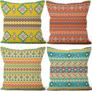 Colorful Bohemian Throw Pillow Covers, Boho Irregular Pattern Decorative Throw Pillow Case, 4-Pack Double-Side Printed Pillowcases for Sofa and Living Room, 18×18 in