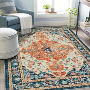 U’Artlines Boho Vintage Area Rug 5×7 Machine Washable Low Pile Soft Floor Carpet Non Slip Non Shedding Accent Rug for Living Room Bedroom Entryway Dining Room Office Orange/Multi