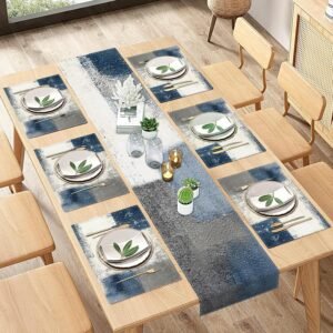 ArtSocket Farmhouse Table Runner and Placemats Set of 6, Abstract Blue Grey Painting Art Dining Decor for Daily Use(1 Table Runner 72 inches Long and 6 Placemats)