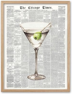 EcoHest Trendy Newspaper Martini Framed Wall Art, 12×16 in OAK Wood Retro Bar Cart Canvas Art, Magazine Aesthetic Apartment Art, Beige Logs Funky 70’s Set of 1 for Bedroom Living Room