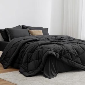 Love’s cabin Queen Comforter Set Black, 7 Pieces Queen Bed in a Bag, All Season Bedding Sets with 1 Comforter, 1 Flat Sheet, 1 Fitted Sheet, 2 Pillowcase and 2 Pillow Sham | Soft