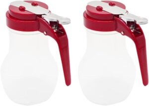 2 Pack Syrup Dispenser 10oz 200ml Polyethylene Plastic Bottle with Red ABS Top No-Drip Pourers for Maple Syrup, Honey, Pancake Syrup, Sauces, Salad Dressings