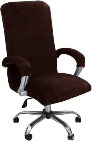 ITFRO 3 Piece Office Chair Cover with Armrest Covers Velvet Computer Desk Chair Cover with Zipper Universal Rotating Gaming Chair Slipcover High Back Chair Seat Protector (Brown)