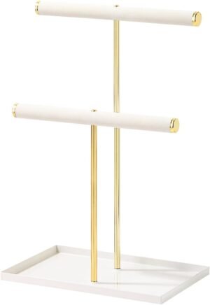 Jewelry Holder,Necklace Bracelet Display Stand with Tray,Metal Velvet Jewelry Organizer for Selling,Desk Nightstand Organizer for Girls (Beige, 2 Tier)