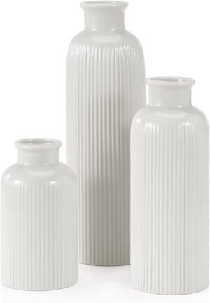 Small White Ceramic Vase Set of 3, Boho Modern White Flower Vase Room Decor, Farmhouse Decor, Vases for Your Kitchen, Bathroom, Bedroom, Living Room, Office&Shelf Centerpiece Table Decorations