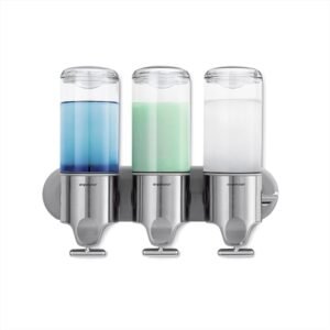 simplehuman Triple Wall Mount Pumps, Hotel-Grade Refillable 3-Chamber Shampoo Conditioner Body Wash Shower Dispenser, T-Bar Lever, No-Drill Install, for Bathrooms, Hotels, and Airbnbs, Stainless Steel