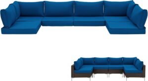 HOMREST Outdoor Replacement Cushions,Water-Resistant 4″ Thick Seat Cushion for Patio Furniture,25×25 in Patio Furniture Cushions,Non-Slip 14-Piece Set for 6-Seat Rattan Wicker Sectional Sofa, Blue