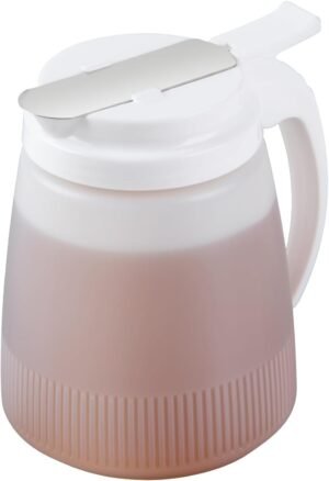 Restaurantware-Chef 101 32 Ounce All Purpose Syrup Dispenser, 1 Honey Dispenser – White Top, Stainless Steel Slide Cover, Plastic Pancake Syrup Bottle, Perfect For Diners, Restaurants, Home
