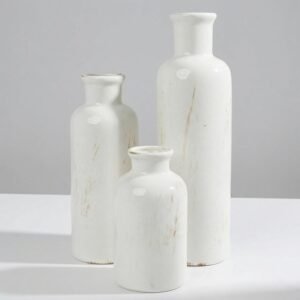 White Ceramic 3 Piece Vase Set, Vintage Farmhouse Decorative Home Decor Vases for Living Room & Kitchen, Distressed Crackle Glaze Flower Vases for Table Bookshelf Mantel & Office